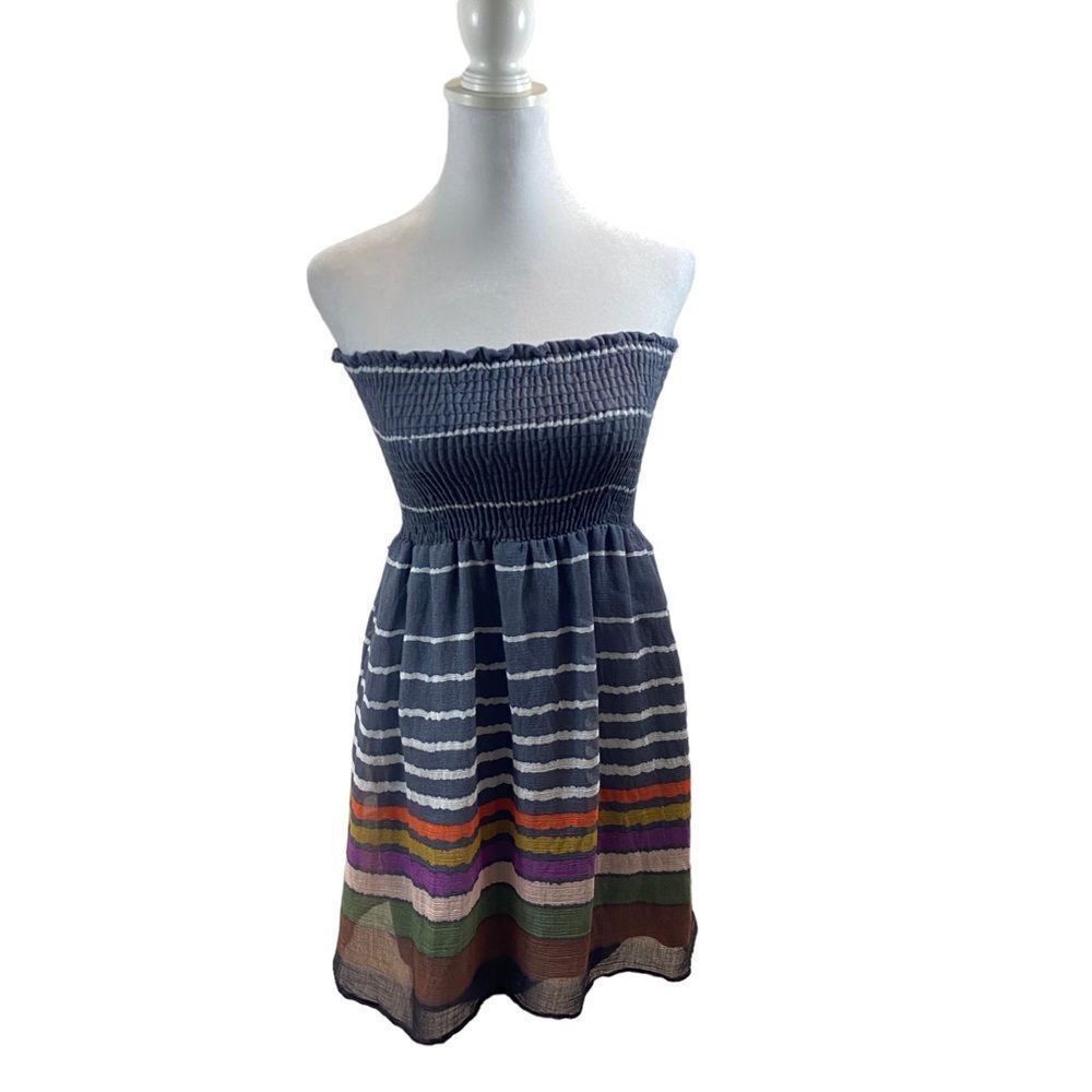 Hello Miss Strapless Shirred Top Mini Dress Grey with Stripes Size Small